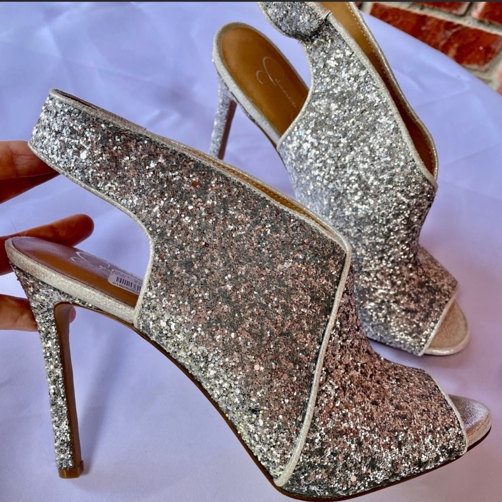 Jessica Simpson heeled ankle-strap glitter boots